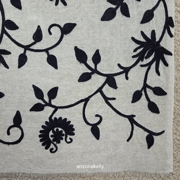 Ivory Wool Scarf with Black Chain Stitch Embroidery - Picture 5 of 14